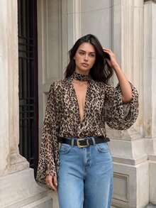 Firerie Vintage Leopard Print Deep V-Neck Halter Chiffon Blouse Loose Flared Sleeve Casual Top - Multicolor - View 3