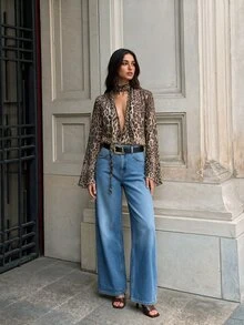 Firerie Vintage Leopard Print Deep V-Neck Halter Chiffon Blouse Loose Flared Sleeve Casual Top - Multicolor - View 7