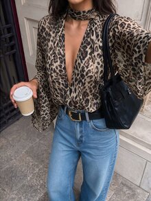 Firerie Vintage Leopard Print Deep V-Neck Halter Chiffon Blouse Loose Flared Sleeve Casual Top - Multicolor - View 1