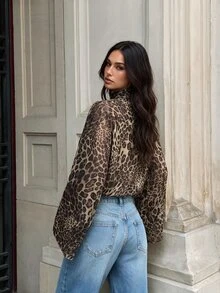 Firerie Vintage Leopard Print Deep V-Neck Halter Chiffon Blouse Loose Flared Sleeve Casual Top - Multicolor - View 4