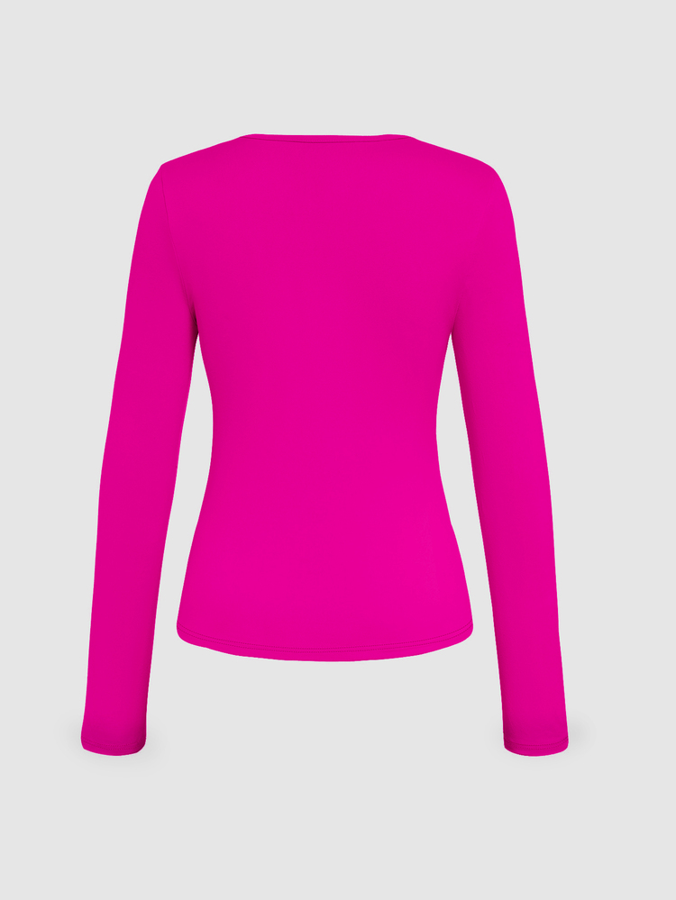 Tropvida 1pc Women's Solid Color V-Neck Long Sleeve Fitted T-Shirt, Autumn Fall Cloth For Women - Hot Pink - View 2