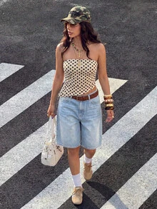 SHEIN EZwear 女款休閒極簡緊身抹胸上衣，不對稱下擺，波點圖案，夏季上衣 - 彩色 - 查看 6