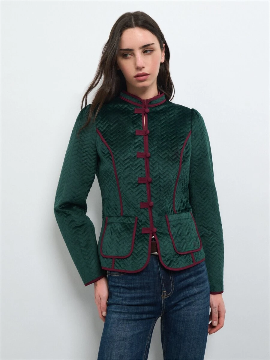 Nöista Dark Green Quilted Jacket, Burgundy Piping, Mao Collar, Button Up At Front .Autum, Fall, Winter, Layering, Back To School, Office. - Dark Green - View 1