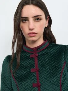 Nöista Dark Green Quilted Jacket, Burgundy Piping, Mao Collar, Button Up At Front .Autum, Fall, Winter, Layering, Back To School, Office. - Dark Green - View 4