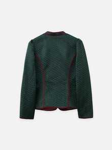 Nöista Dark Green Quilted Jacket, Burgundy Piping, Mao Collar, Button Up At Front .Autum, Fall, Winter, Layering, Back To School, Office. - Dark Green - View 7