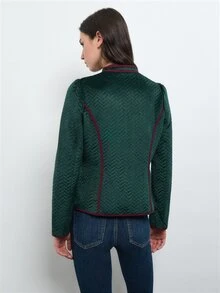 Nöista Dark Green Quilted Jacket, Burgundy Piping, Mao Collar, Button Up At Front .Autum, Fall, Winter, Layering, Back To School, Office. - Dark Green - View 5