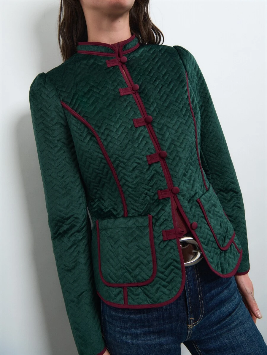 Nöista Dark Green Quilted Jacket, Burgundy Piping, Mao Collar, Button Up At Front .Autum, Fall, Winter, Layering, Back To School, Office. - Dark Green - View 1