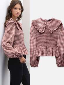 Nöista Shirt With A Ruffled Collar. Fitted. Cute Youthful.Slim Fit.Simple. Comfortable, Casual, Suitable For Fall/Winter,. - Dusty Pink - View 1