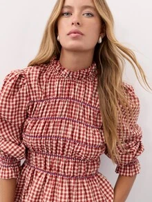Nöista Plaid, Pleated Long-Sleeved Shirt ,Ruffle, Retro,Pastoral , Youthful,Comfortable Breathable, Essential Wardrobe Staple. Fall Winter, Elegant, - Red - View 6