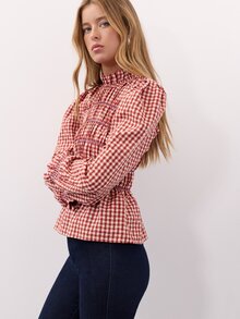 Nöista Plaid, Pleated Long-Sleeved Shirt ,Ruffle, Retro,Pastoral , Youthful,Comfortable Breathable, Essential Wardrobe Staple. Fall Winter, Elegant, - Red - View 4