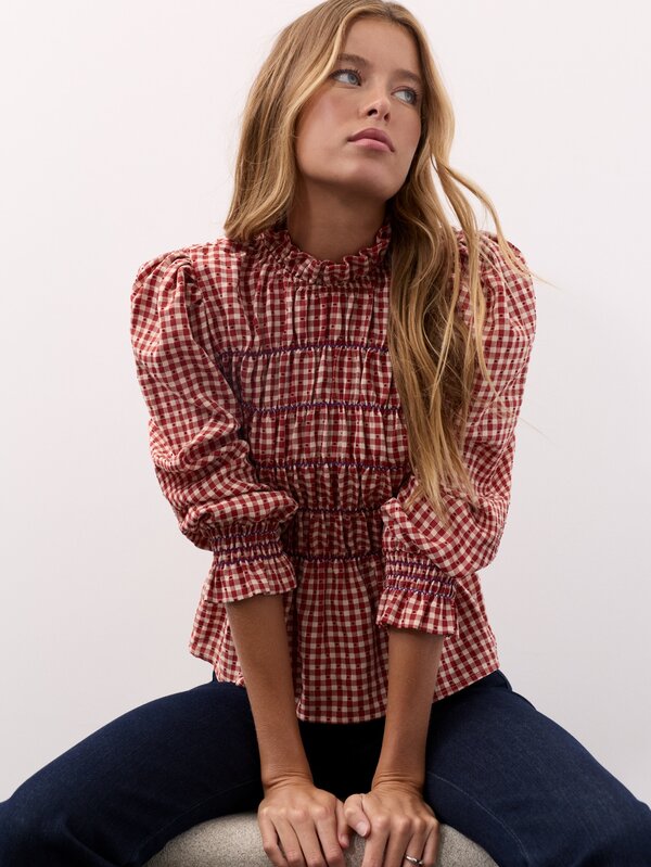Nöista Plaid Pleated Ruffle Blouse With Long Sleeves. Retro, Romantic, Office Wear, Fall Winter Style.