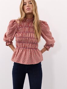 Nöista Plaid, Pleated Long-Sleeved Shirt ,Ruffle, Retro,Pastoral , Youthful,Comfortable Breathable, Essential Wardrobe Staple. Fall Winter, Elegant, - Red - View 2