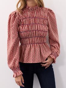 Nöista Plaid, Pleated Long-Sleeved Shirt ,Ruffle, Retro,Pastoral , Youthful,Comfortable Breathable, Essential Wardrobe Staple. Fall Winter, Elegant, - Red - View 5