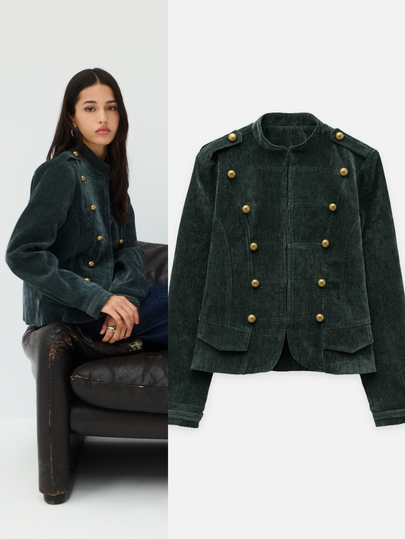 Nöista Dark Green Velvet Military Jacket With Mandarin Collar, Brass Buttons And Long Sleeves. Fall, Winter, Office,Autumn,Layering, Warm,Everyday,Napoleonic