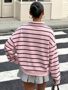 SHEIN 青少年女孩秋冬休閒街頭風時尚粉色印花拉鍊抓絨內裡運動衫馬印花套裝畢業黑色 - 彩色 - 查看 4