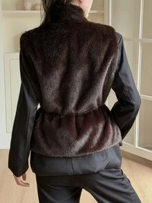 Livesso Women's High Neck Vintage Elegant Faux Fur Vest Fall - Coffee Brown - View 2