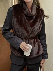 Livesso Women's High Neck Vintage Elegant Faux Fur Vest Fall - Coffee Brown - View 5
