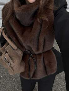 Livesso Women's High Neck Vintage Elegant Faux Fur Vest Fall - Coffee Brown - View 1