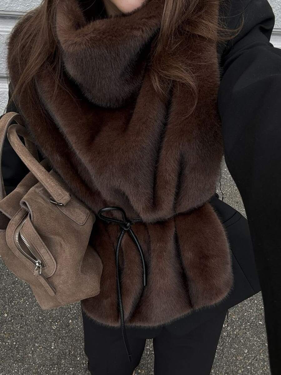 Livesso Women's High Neck Vintage Elegant Faux Fur Vest Fall - Coffee Brown - View 1