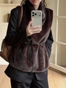 Livesso Women's High Neck Vintage Elegant Faux Fur Vest Fall - Coffee Brown - View 3
