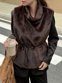 Livesso Women's High Neck Vintage Elegant Faux Fur Vest Fall - Coffee Brown - View 4