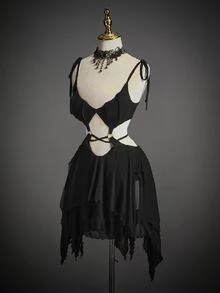 SHEIN ICON 女款 Y2K 哥德風黑色迷你洋裝，夏季夜店派對洋裝，千禧風前衛綁帶多層網紗荷葉邊蝙蝠造型萬聖節套裝 - 黑色 - 查看 8