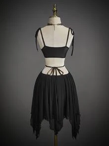 SHEIN ICON 女款 Y2K 哥德風黑色迷你洋裝，夏季夜店派對洋裝，千禧風前衛綁帶多層網紗荷葉邊蝙蝠造型萬聖節套裝 - 黑色 - 查看 3