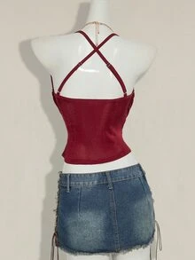 SHEIN ICON Women Casual Sexy Beaded Decor 2 In 1 Top - Burgundy - View 3