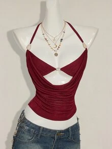SHEIN ICON Women Casual Sexy Beaded Decor 2 In 1 Top - Burgundy - View 5