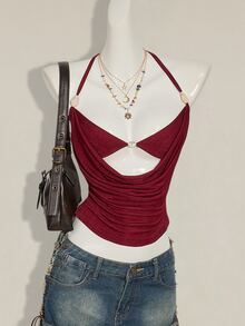 SHEIN ICON Women Casual Sexy Beaded Decor 2 In 1 Top - Burgundy - View 10
