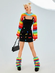 SHEIN ICON 秋冬彩虹条纹灯笼袖耸肩毛衣 - 彩色 - 查看 8