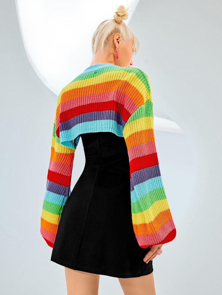 SHEIN ICON Rainbow Striped Pattern Lantern Sleeve Shrug Sweater In Fall/Winter - Multicolor - View 11
