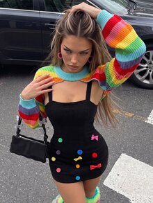 SHEIN ICON 秋冬彩虹条纹灯笼袖耸肩毛衣 - 彩色 - 查看 2