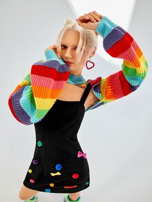 SHEIN ICON 秋冬彩虹条纹灯笼袖耸肩毛衣 - 彩色 - 查看 4