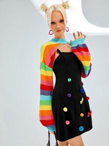 SHEIN ICON 秋冬彩虹条纹灯笼袖耸肩毛衣 - 彩色 - 查看 10