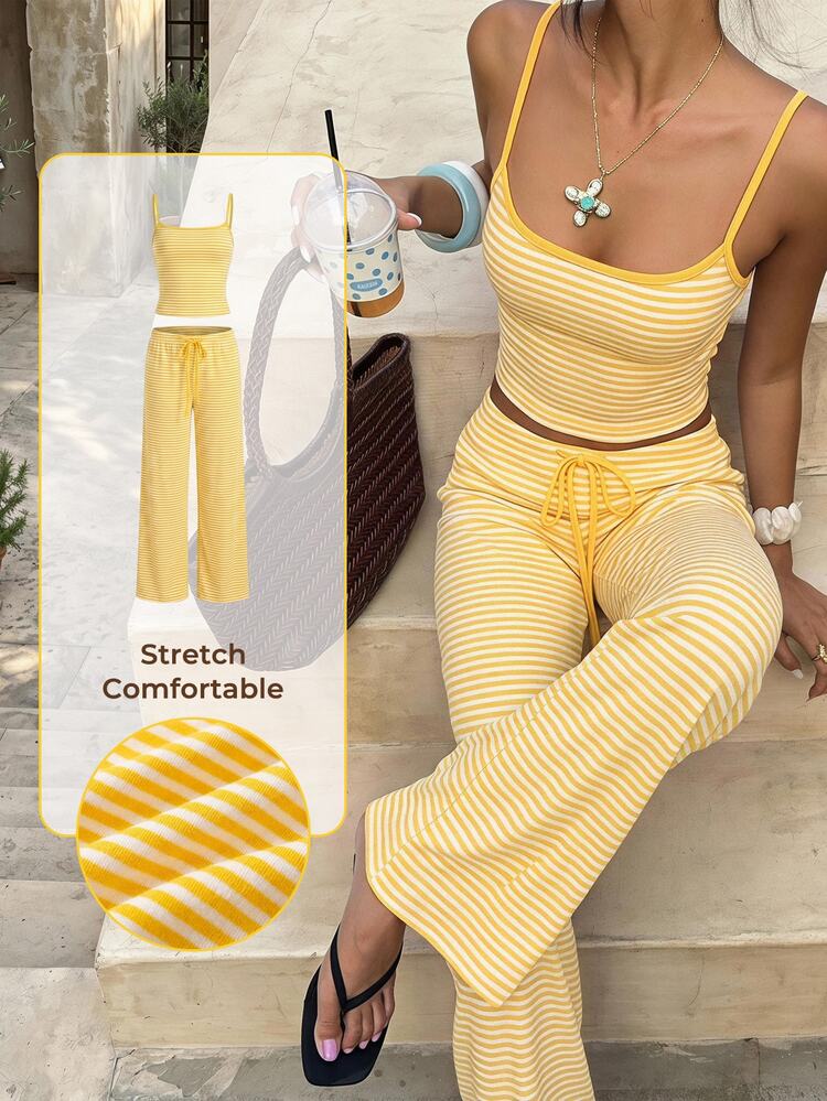 Aloruh Women's Casual Home Wear Striped Camisole & Long Pants Set - Yellow - View 9