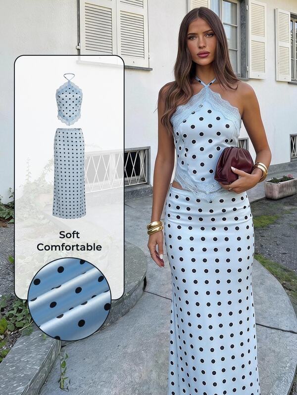 Aloruh Women's Polka Dot Print Contrast Lace Halter Top And Skirt 2-Piece Set, Vacation Casual
