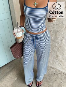 Aloruh 女款街頭風海岸時尚休閒條紋細肩帶上衣與抽繩腰寬鬆長褲兩件套，海灘藍白條紋夏季款 - 藍白色 - 查看 4