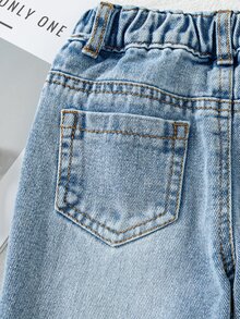 SHEIN Baby Boys Denim Long Pants Summer New Casual Cute Playful Style Light Blue Vintage Distressed Washed Denim Fabric Side Elastic High Waist Fitted Tapered Soft Skin-Friendly Pure Cotton Denim Material Daily Versatile Matching Sweatshirts T-Shirts Daily Outings Travel Spring Summer Denim Long Pants - Medium Wash - View 6