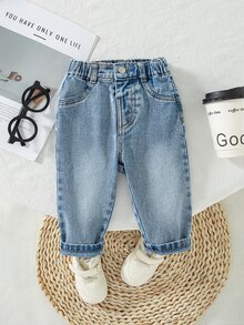 SHEIN Baby Boys Denim Long Pants Summer New Casual Cute Playful Style Light Blue Vintage Distressed Washed Denim Fabric Side Elastic High Waist Fitted Tapered Soft Skin-Friendly Pure Cotton Denim Material Daily Versatile Matching Sweatshirts T-Shirts Daily Outings Travel Spring Summer Denim Long Pants - Medium Wash - View 4