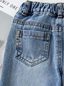 SHEIN 男嬰牛仔長褲 秋季新款 休閒圖案 寬鬆淺藍色 復古做舊 高腰修身錐腳 柔軟純棉 校園慢跑褲 - 深色水洗藍 - 查看 5