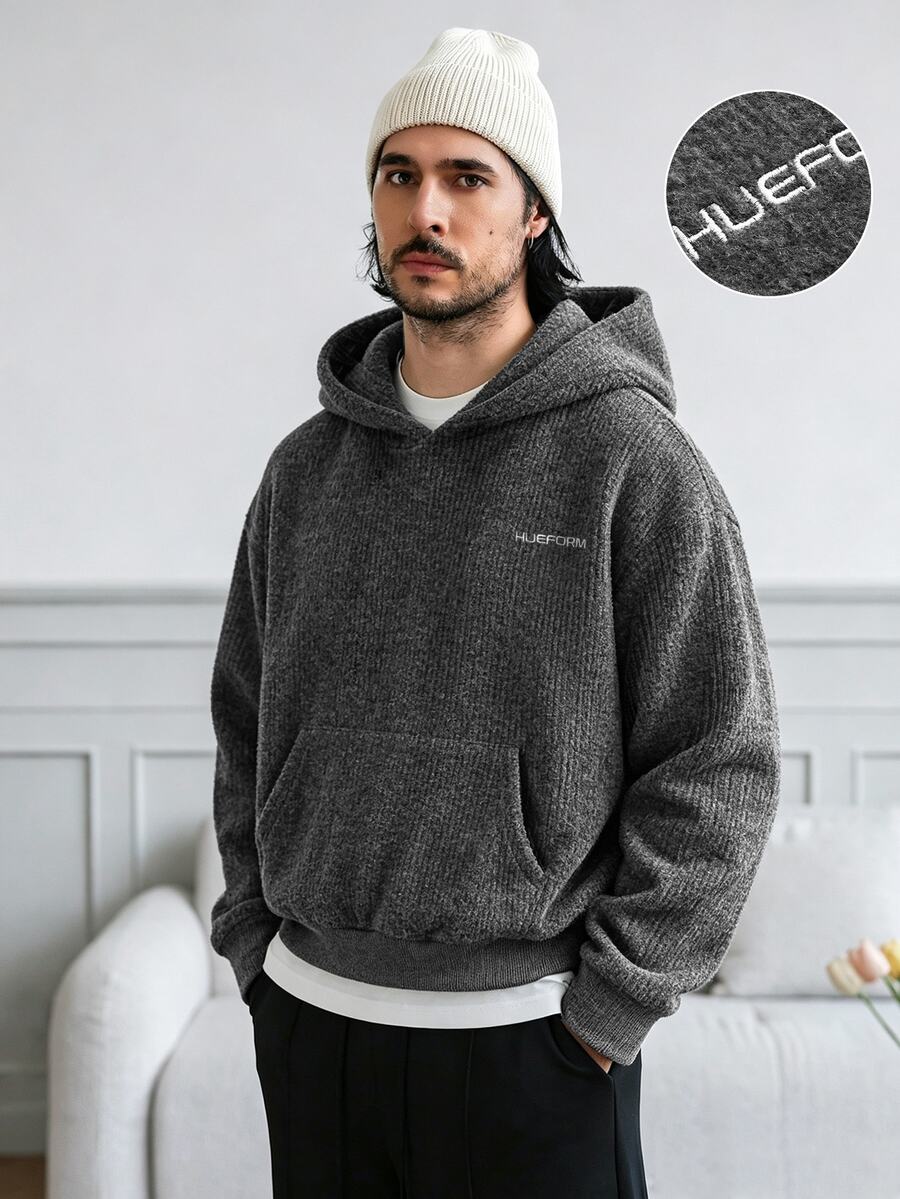 HUEFORM Men's Old Money Loose Fit Hoodie,The Slub-Textured Fabric Has A Feel Similar To A Knitted Sweater And Features An Embroidered Design Essentials Men - Dark Grey - View 1