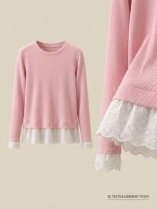 SHEIN CURVE+ Plus Beden Delikli Nakışlı Fırfırlı Etek Uçlu 2'si 1 Arada Tişört - Pembe - Görünüm 11