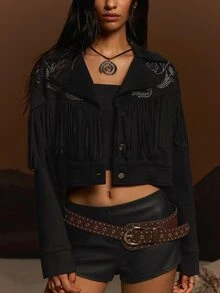 TypaGal Chaqueta casual para mujer con diseño de borlas y patrón de mariposa con strass - Negro - Ver 6