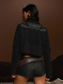 TypaGal Chaqueta casual para mujer con diseño de borlas y patrón de mariposa con strass - Negro - Ver 2
