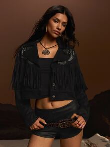 TypaGal Chaqueta casual para mujer con diseño de borlas y patrón de mariposa con strass - Negro - Ver 5
