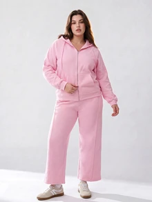 Solavibe Plus Size Women Solid Color Drawstring Hooded Zip-Up Long Sleeve Top And Pants Casual Daily 2-Piece Set Winter - Pink - View 6