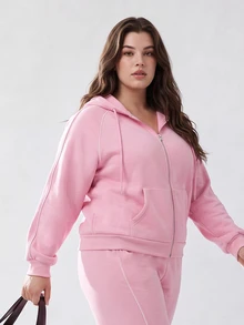 Solavibe Plus Size Women Solid Color Drawstring Hooded Zip-Up Long Sleeve Top And Pants Casual Daily 2-Piece Set Winter - Pink - View 7