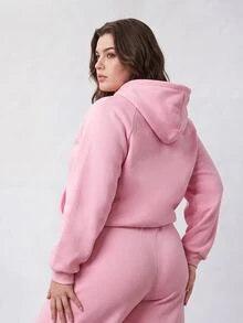 Solavibe Plus Size Women Solid Color Drawstring Hooded Zip-Up Long Sleeve Top And Pants Casual Daily 2-Piece Set Winter - Pink - View 4