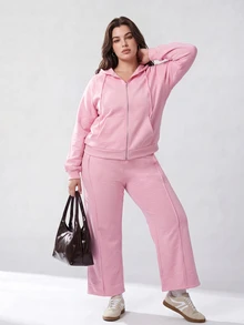 Solavibe Plus Size Women Solid Color Drawstring Hooded Zip-Up Long Sleeve Top And Pants Casual Daily 2-Piece Set Winter - Pink - View 2